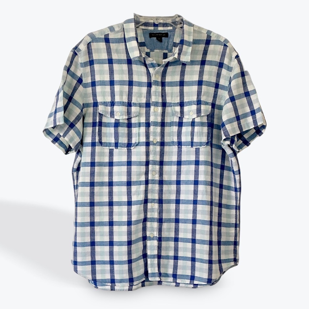 Banana Republic Linen Cotton Plaid Shirt Mens XL Blue Short Sleeve Button Front